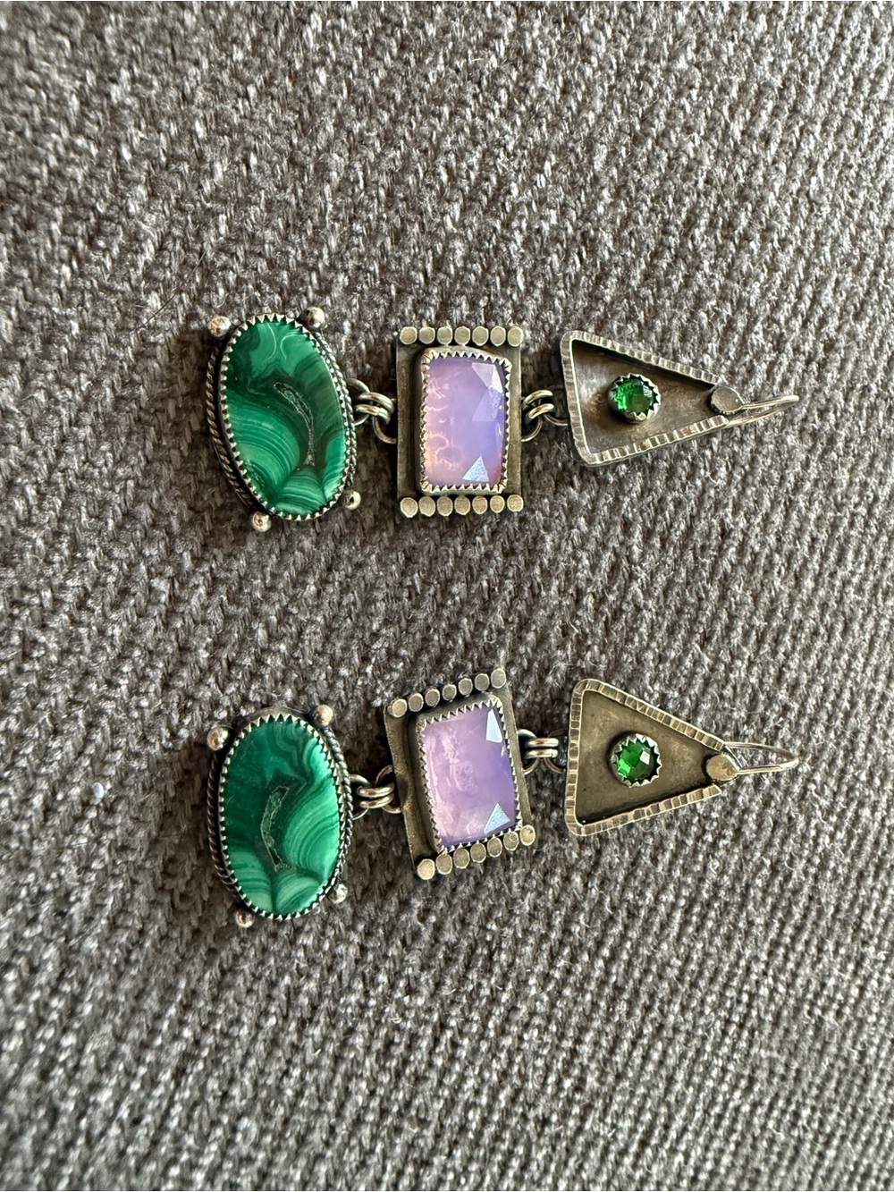 Long linear sterling silver earrings. Malachite, lavender quartz and emerald